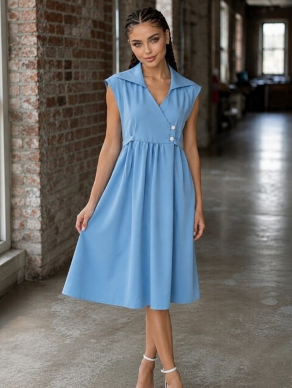 Vintage | Blue Sky Blue Waist Tie Back Cap Sleeves Midi Dress